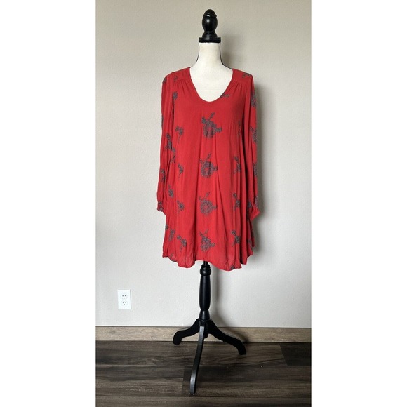 Free People Dress Women XS Red Austin Mini Embroidered Boho Lining Pullover - Picture 3 of 13